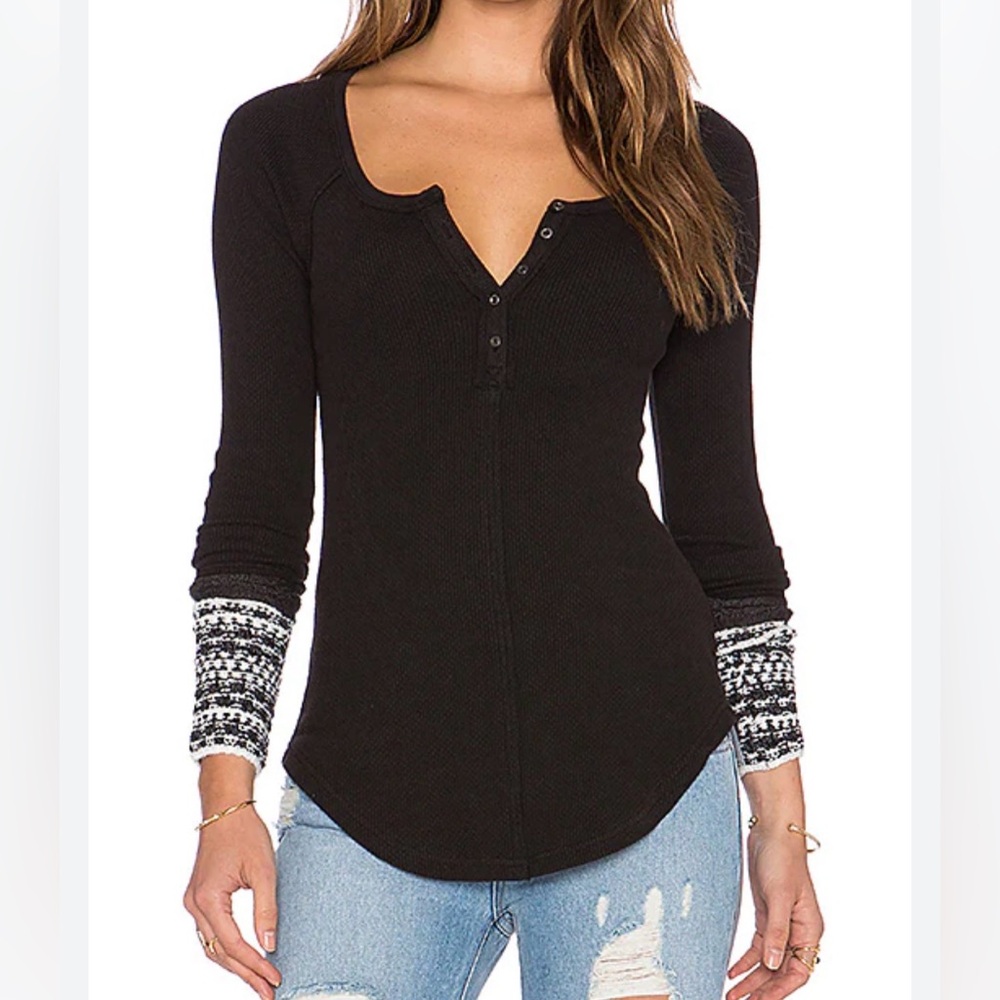 Free People Ski Lodge Black Thermal Henley Top With Patterned Cuffs Size Large